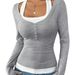 Women's Clothing Autumn Style Faux Two Piece Women's Camisole Long Sleeve T-Shirt Sexy_ecoleips.com