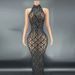 Women's Clothing Sexy Shiny Rhinestone Silver Dress Plus Size Women's Evening Dress Halter Neck Long Dress Sleeveless_ecoleips.com