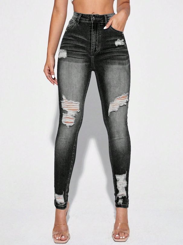 Women's High-Waisted Stretch Ripped Jeans – Slim Fit Skinny Denim Pants With Distressed Details, Comfortable & Trendy Casual Trousers_ecoleips.com