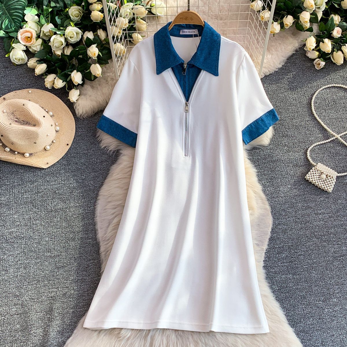 Women's European American Retro Slimming Denim Patchwork Zipper Collar Summer Casual Loose Straight Long Dress_ecoleips.com