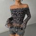 Voya Women's European And American Style Sexy Leopard Print Off Shoulder Trumpet Long Sleeved Top For Women, Slim Fit And Fashionable Short Style_ecoleips.com