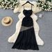 Women's Clothing Fashion Mesh Splicing Suspenders Pleated Waist Dress Women's Summer Design Slim Temperament Long Skirt_ecoleips.com