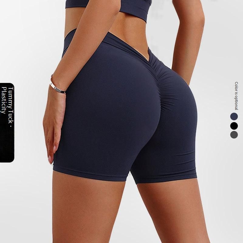 Women's Clothing V-waist Pleated Solid Color Peach Hip Yoga Shorts Sports Running Fitness Tight Three-part Pants_ecoleips.com