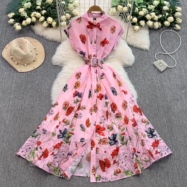 Women's Clothing Retro Style Temperament Printed Lapel Dress Single Breasted Waist Slimming Long Chiffon Dress_ecoleips.com