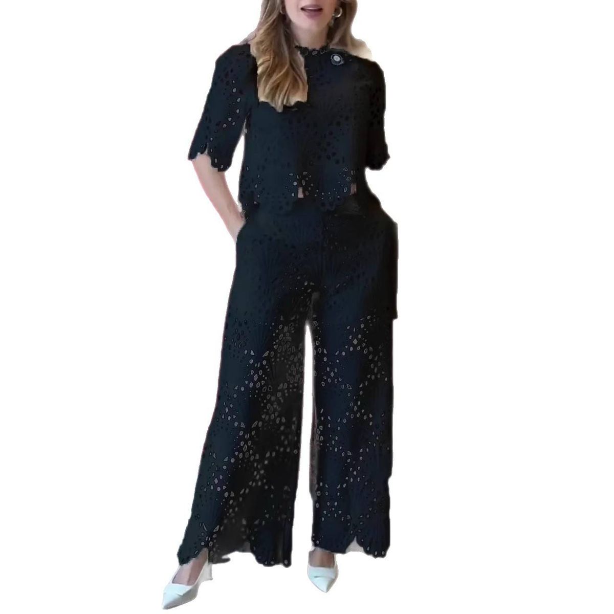 Women's Clothing New Design Fashion Casual Hollow Lace Top Wide Leg Pants Suit_ecoleips.com