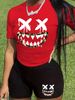 Summer Women's Casual And Fashionable Cartoon Face Print Loose T-shirt+shorts Two-piece Sportswear Suitable For Daily Wear-75_ecoleips.com