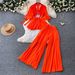 Women's Red Two Piece Set Autumn Loose Fitting High Waisted Pleated Wide Leg Pants Slim Fit Flared Sleeves_ecoleips.com