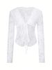 Women's Fall Winter Y2K Coquette Deep V Neck Lace Long Sleeve Top Tie Front Hollow Waist Slim Fit Sheer Layering Basic Top Casual_ecoleips.com