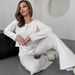 Blue Knitted Jacquard Sleeve Long Pants Lace Trim Pajamas Two-Piece Set European And American Autumn New Home Wear_ecoleips.com