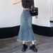 Distressed Denim Mermaid Skirt Women's High Waist A-Line Flared Hem Mid-Length Wrap Skirt For Casual & Office Wear_ecoleips.com
