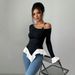 Voya Women's Black Single Shoulder Camisole T-shirt With Short Front And Long Back, White Ruffle Hem Hem, Contrasting Color For Spring And Summer Top_ecoleips.com