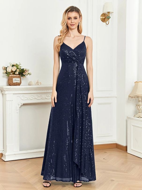 Women's Clothing V Neck Sequined A Line Evening Dress For Women Style Halter Neck Bridesmaids Parties Weddings_ecoleips.com