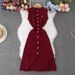 Women's Clothing Waist Dress Round Neck Hook Flower Single Breasted Hollow Swing Sleeveless_ecoleips.com