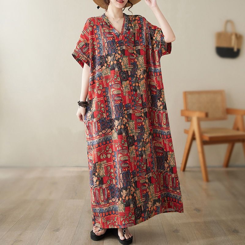 Real Shot Of 2024 Summer V-neck Cotton-linen Plus-size Loose-fitting Artistic Vacation-style Beach Dress, Vintage_ecoleips.com