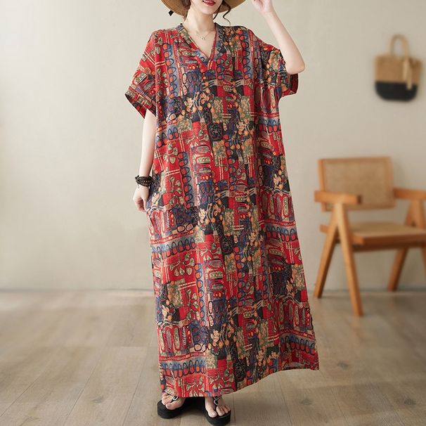 Real Shot Of 2024 Summer V-neck Cotton-linen Plus-size Loose-fitting Artistic Vacation-style Beach Dress, Vintage_ecoleips.com