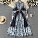 Women's Clothing Spring And Autumn Retro Palace Style Lapel Lantern Sleeves Printed Dress Single Breasted Large Swing A Line Knee Length Dress_ecoleips.com