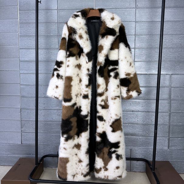Women’s Long Faux Fur Coat – Cow Print Winter Coat With Suit Collar (S/M/L/XL)_ecoleips.com