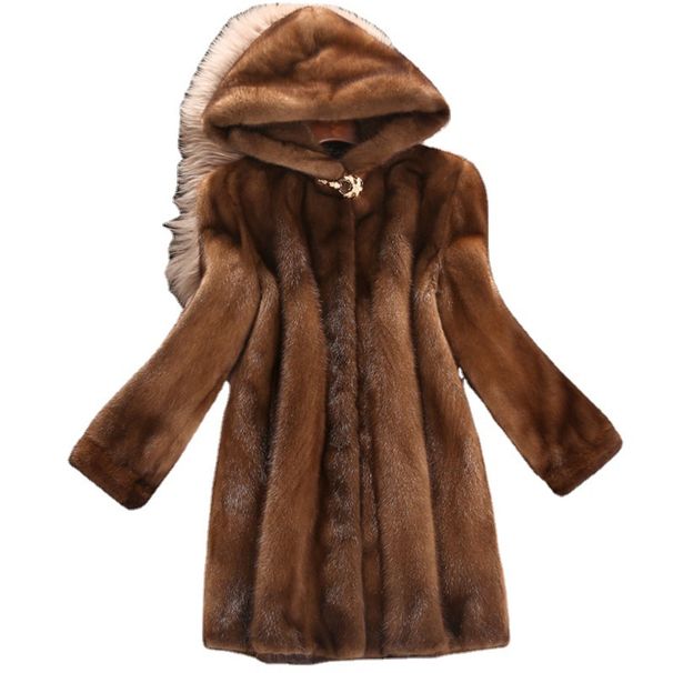 Luxury Faux Mink Fur Coat Women's Hooded Long Jacket Winter Fashion Outerwear Elegant Casual Deep Brown_ecoleips.com