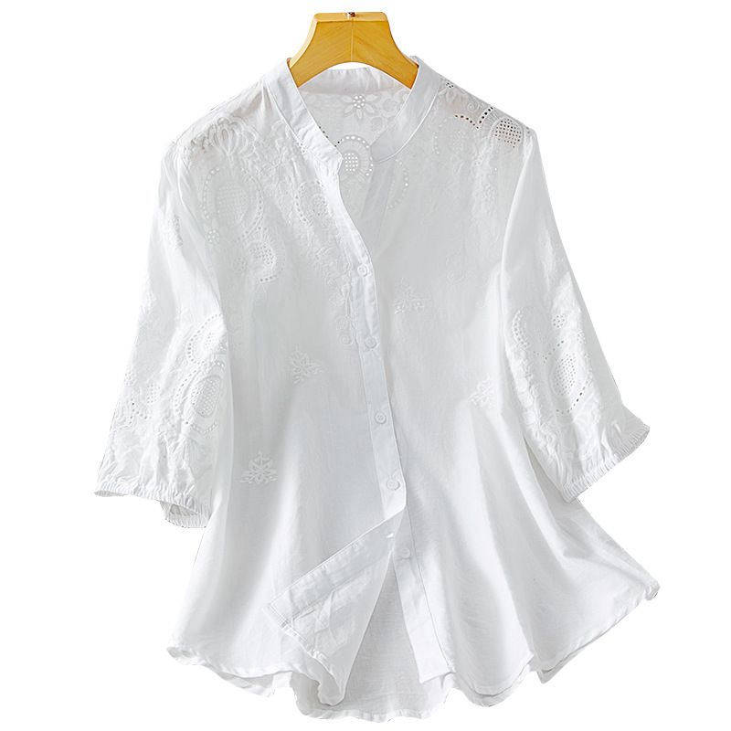 K V-neck White Blouse For Women With Seven-eighths Sleeves, New Embroidered Top With A Mature Temperament And A Light Shirt_ecoleips.com