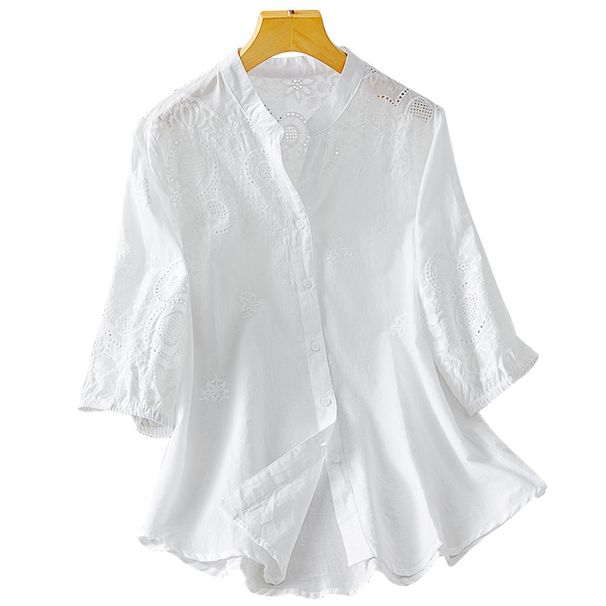 K V-neck White Blouse For Women With Seven-eighths Sleeves, New Embroidered Top With A Mature Temperament And A Light Shirt_ecoleips.com