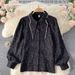 Women's Clothing Rhinestone Embellished Collar Luxury French-Inspired Blouse – Embellished Stand Collar & Puff Sleeves With Crystal Accents (S-3XL)_ecoleips.com