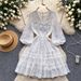 Women's French Style Lace V-Neck Dress – Elegant Long Sleeve, Single Breasted & Puffy Design (Yellow/White/Blue/Black, M/L/XL)_ecoleips.com