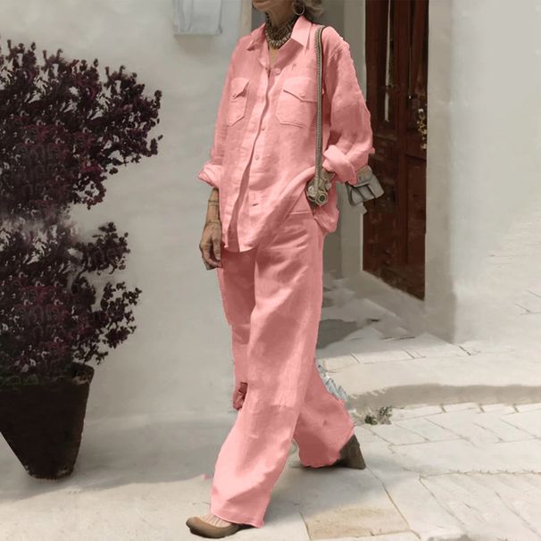 2027 Spring Summer Fashion Elegant Demeanor Women Lapel Long Sleeve Shirt + Pants Cotton-Linen Two-Piece Casual Suit S-5XL_ecoleips.com