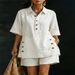 Summer 2027 Fashion European-USA Style Women Lapel Short Sleeve Shirts + Shorts Pure Color Two-Piece Casual Suits S-5XL_ecoleips.com