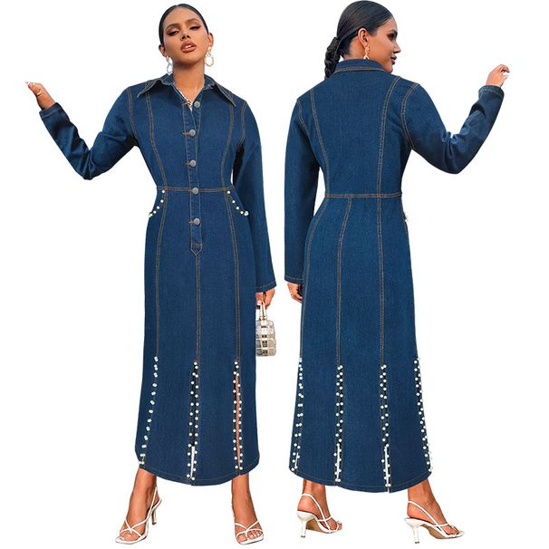 Women's Clothing Women's Long Dress With Bubble Hem Slit Bead Detail Fashion Lapel Long Sleeved For Formal & Casual For Women_ecoleips.com