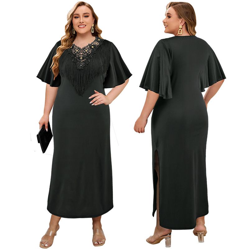 Women's Clothing Plus Size Women's 3D Decorative Tassel Slit Dress Five Sleeve Fashion For Formal & Casual For Women_ecoleips.com