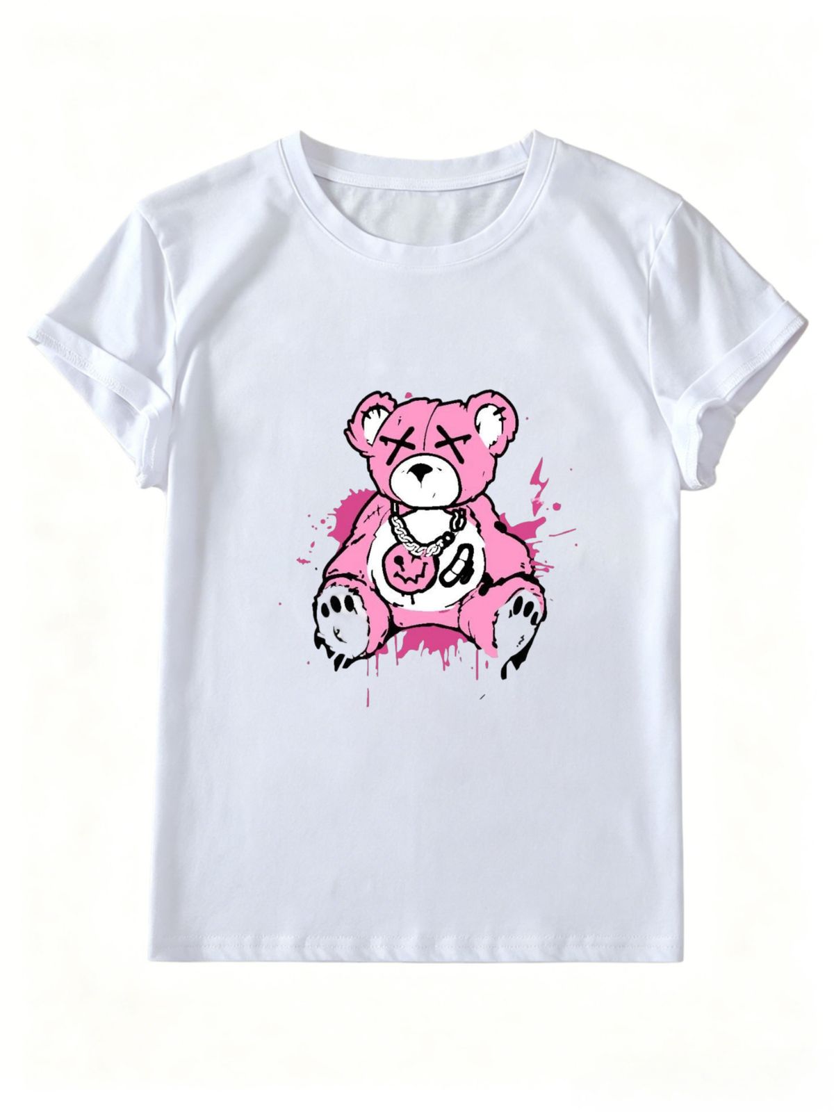 Women's Grunge X Eyes Teddy Bear Graphic T-Shirt, Hip Hop Chain Drip Art Print Crew Neck Short Sleeve Y2K Streetwear Casual Summer Top_ecoleips.com