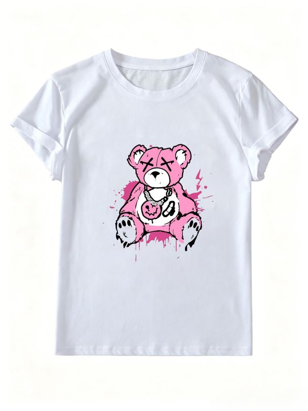 Women's Grunge X Eyes Teddy Bear Graphic T-Shirt, Hip Hop Chain Drip Art Print Crew Neck Short Sleeve Y2K Streetwear Casual Summer Top_ecoleips.com