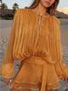 2026 Summer Elegant Sexy Mini Dress, Tie Ruched Neck, Lantern Sleeves, Double-Layer Ruffle Hem, Fully Lined_ecoleips.com