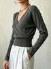 Dark Grey Deep V Wrap Pit Rib Knit Sweater, Loose Lightweight Breathable Soft Skin-touch Long Sleeve Slim Waist Pullover_ecoleips.com