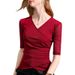 Mesh Bottoming Shirt Women's Spring And Autumn 2026 Women's Cross V-neck Medium-sleeved T-shirt Five-quarter-sleeved Inner Top Slim-fit_ecoleips.com