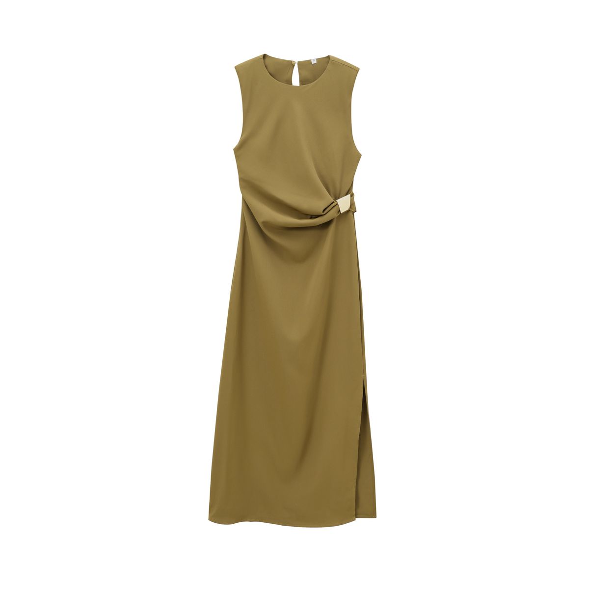 Women's Clothing Ins Style Temperament Fashion Round Tie Shoulder Pad Side Pleated Midi Dress_ecoleips.com