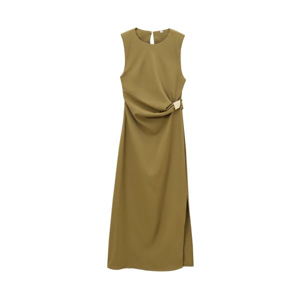 Women's Clothing Ins Style Temperament Fashion Round Tie Shoulder Pad Side Pleated Midi Dress_ecoleips.com
