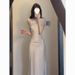 French Style Elegant High-End Swing Collar Aymmetric Shoulder Wait-Cinching Bodycon Acetate Satin Summer New Long_ecoleips.com