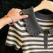 Women's Clothing Summer Casual Short Sleeve T-Shirt Ruffled Peter Pan Collar Striped Knitwear_ecoleips.com