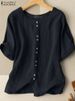 ZANZEA Summer Casual Loose Tunic Tops Women Vintage OL Shirt O Neck Short Sleeve Blouse Solid Cotton Blusas Buttons Down Chemise_ecoleips.com