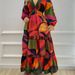 Women's Clothing Women's Fashion Elegant V Neck Geometric Print Splicing Large Skirt Waist Dress Female_ecoleips.com