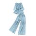 Women's Clothing Pleated V Neck Lace Up Waist Lantern Sleeve Top High Waisted Pleated Nine Point Wide Leg Pants_ecoleips.com
