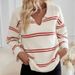 Women's Striped Polo Sweater – V-Neck, Contrast Trim, Long Sleeve (White/Black/Apricot/Red, S-L)_ecoleips.com