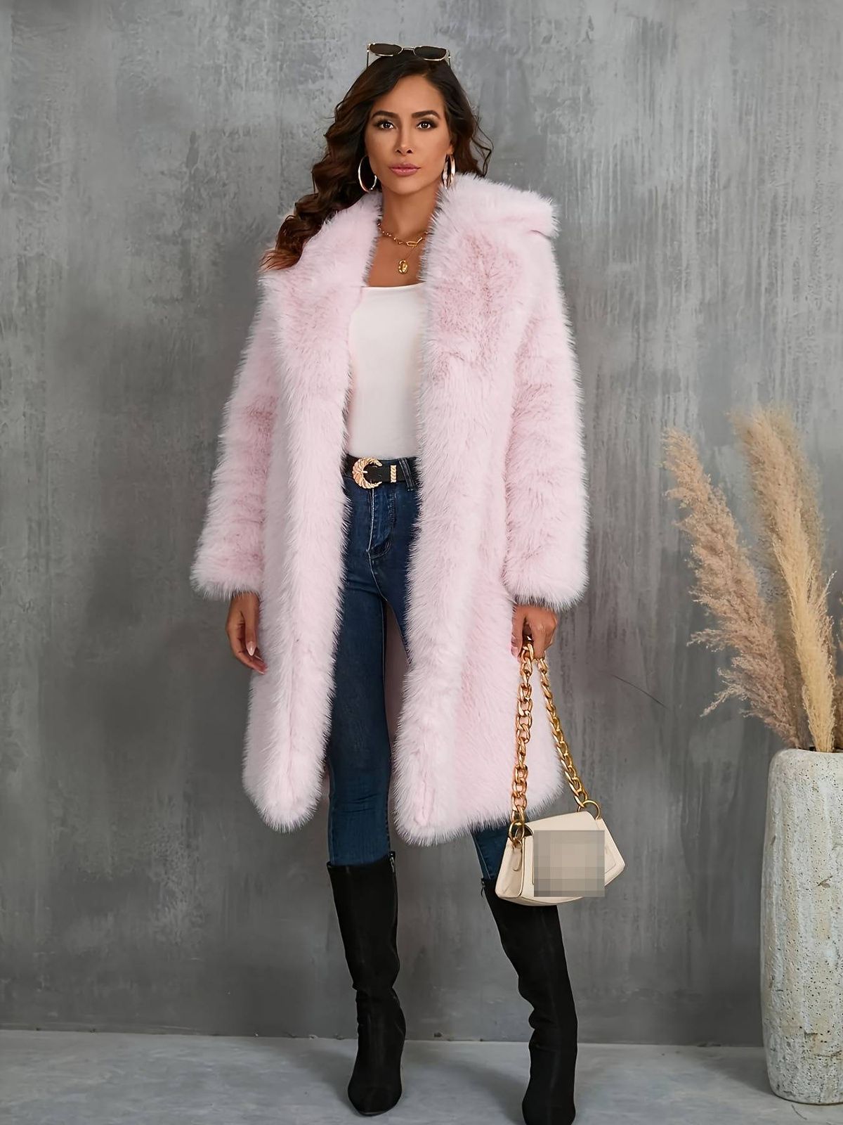 Women’s Longline Faux Fur Coat – Elegant & Warm Winter Coat With Blazer Collar, Plush Retro Style (Deep Purple, Pink, Khaki)_ecoleips.com
