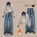 Vintage Plaid Polo-Collar Sweatshirt & Fleece-Lined Drawstring Jeans Set - Cozy Academic Style (Blue/Beige/Grey)_ecoleips.com