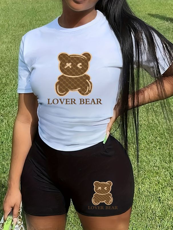 Summer Women's Casual Fashion Bear Cartoon Graphic Printed Loose T-shirt Shorts Two-piece Set Sportswear Suitable For Daily Wear-152_ecoleips.com