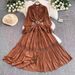 Victorian-Inspired Lace Trim Dress – High Neck Elegant Midi Dress With Flared Sleeves & A-Line Silhouette (5 Colors, One-Size Fits Most)_ecoleips.com