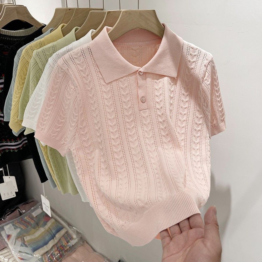 Summer Soft Women's Polo Neck Short Sleeve Knit Top Breathable Casual Shirt for Daily Wear Stylish Knitted Top_ecoleips.com