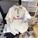Vintage Cartoon Print Polo Shirt With Lace Trim Jeans - Preppy Style Casual Outfit Set For Women_ecoleips.com