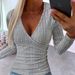 European And American New 2023 Autumn Ribbed Button Knit Pullover V-Neck Slim Fit Long Sleeve T-Shirt For Women_ecoleips.com